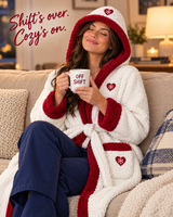 Nurse relaxing at home in the heated sherpa robe