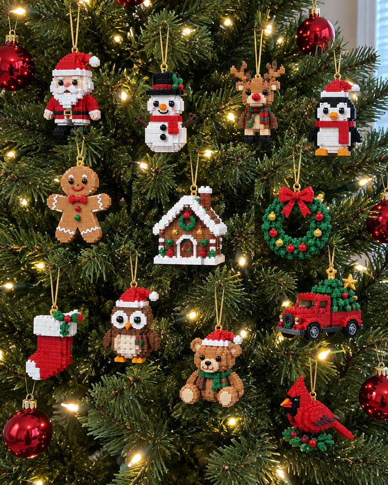 Mini brick ornaments hanging on a Christmas tree