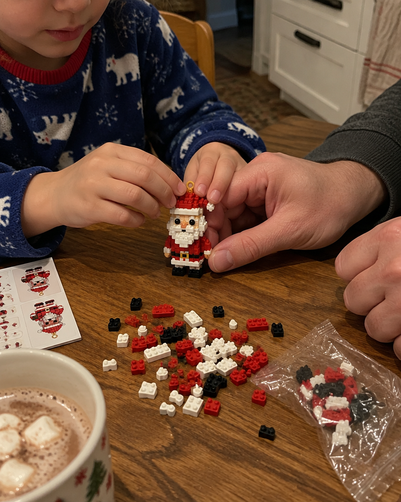 Building a mini brick Santa ornament together