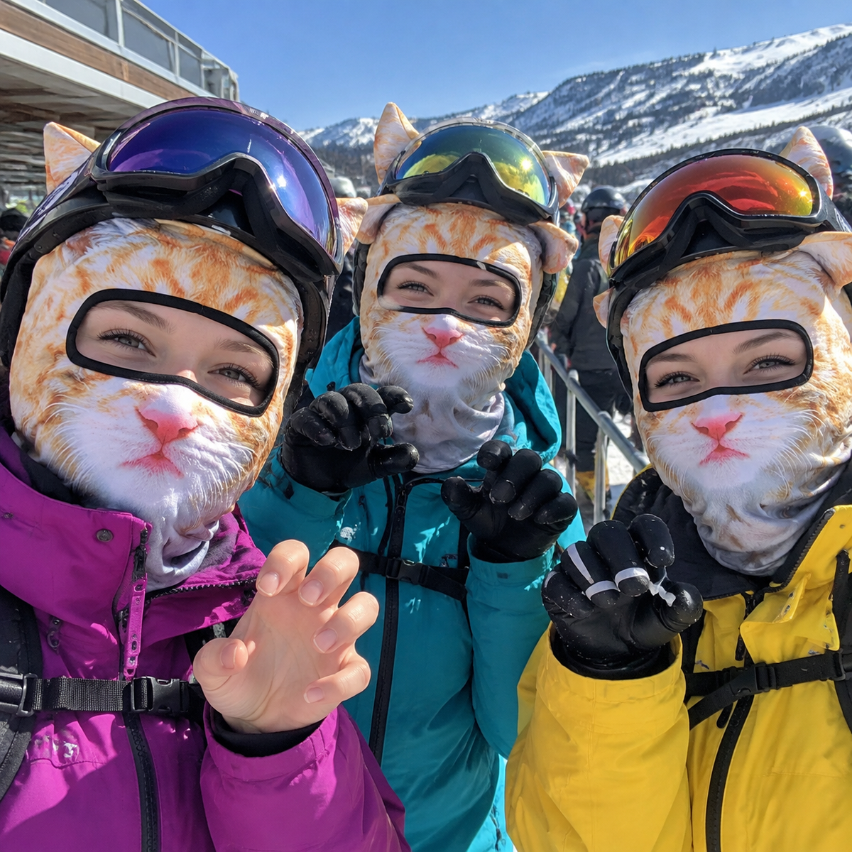 Three friends in Cool Cat Ski Masks in the lift line
