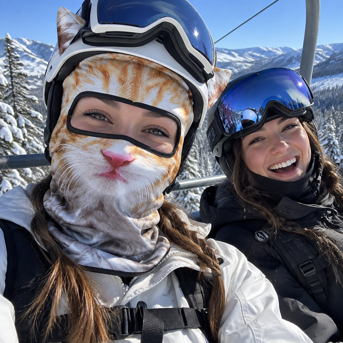 Snowboarder in the Cool Cat Ski Mask on a chairlift with a friend