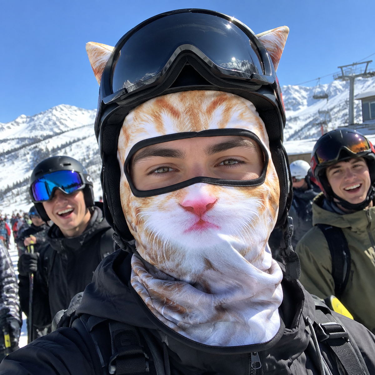 Cool Cat Ski Mask in the lift line, eyes showing through the eye opening