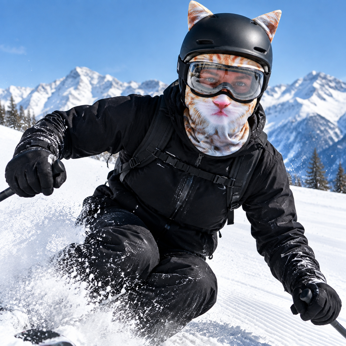 Skier carving in the Cool Cat Ski Mask