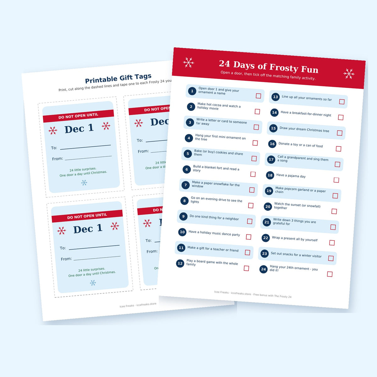 Frosty 24 printable gift tags and 24 Days of Frosty Fun checklist