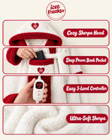 Robe details: sherpa hood, power bank pocket, controller, sherpa fabric