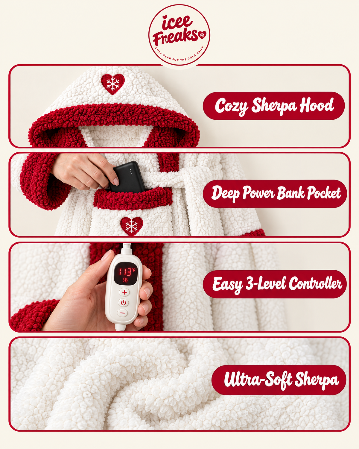 Robe details: sherpa hood, power bank pocket, controller, sherpa fabric