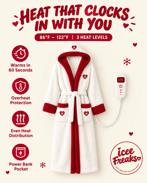 Heated robe features: 86°F to 122°F, 3 heat levels, warms in 60 seconds