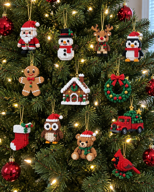 Mini brick ornaments hanging on a Christmas tree
